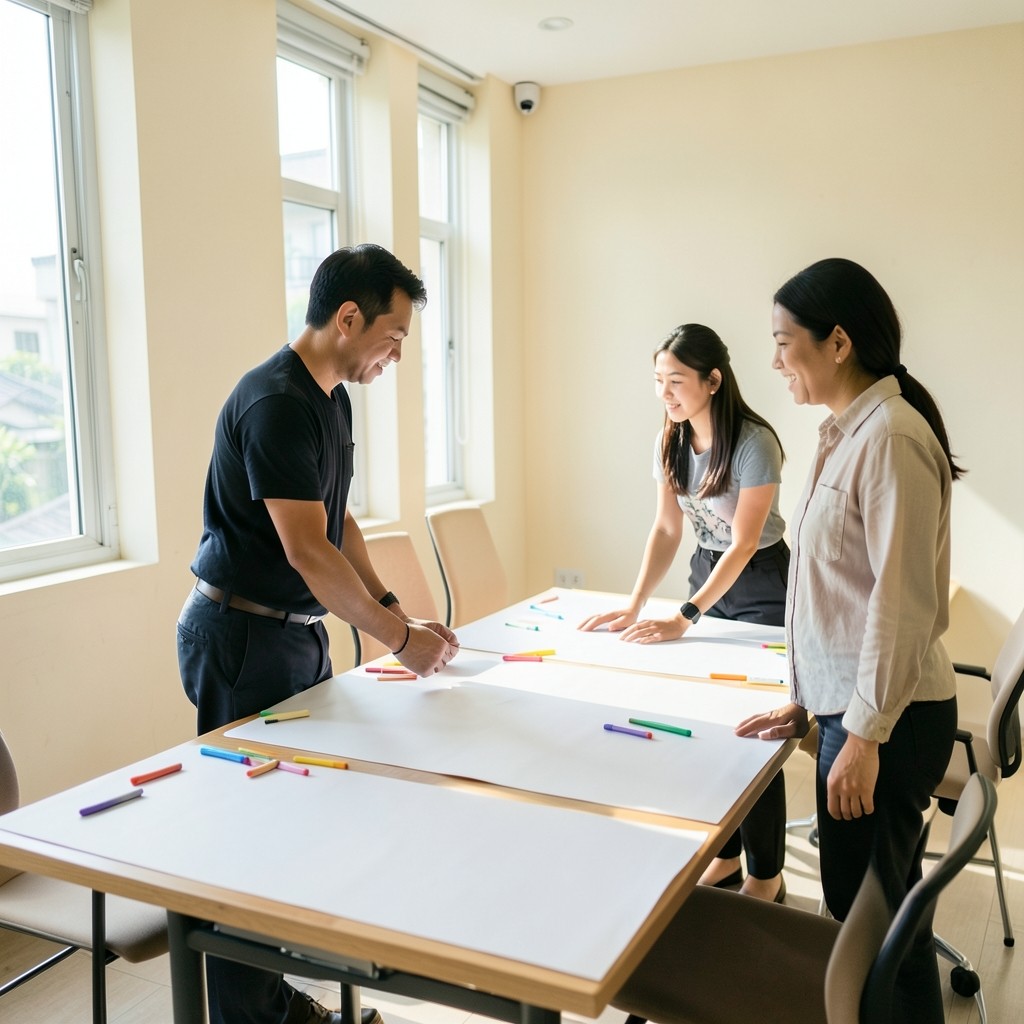 Facilitator and retail leads mapping branch sales measures on paper sheets