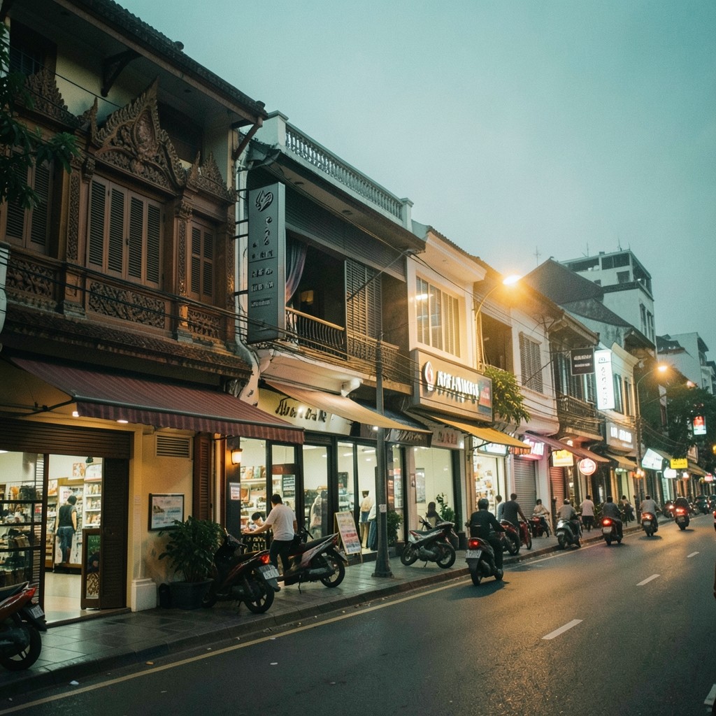 Bangkok retail street with multi-branch storefronts at dusk