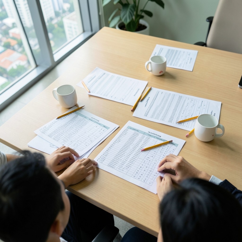 Retail team reviewing printed branch sales sheets on a conference table