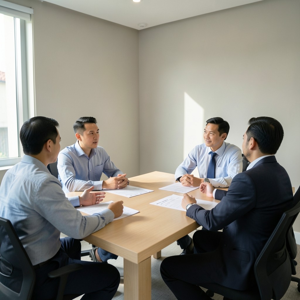Store managers seated around a table comparing branch sales figures