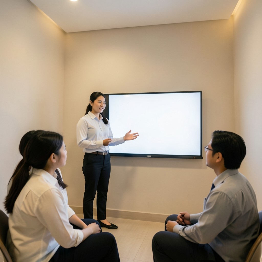 Retail area manager coaching store leads with a sales board on screen